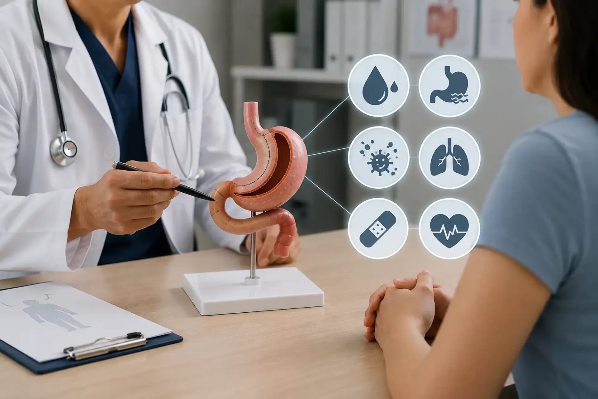 Medic explicând modelul stomacului cu pictograme de sănătate pacientului în timpul consultației.