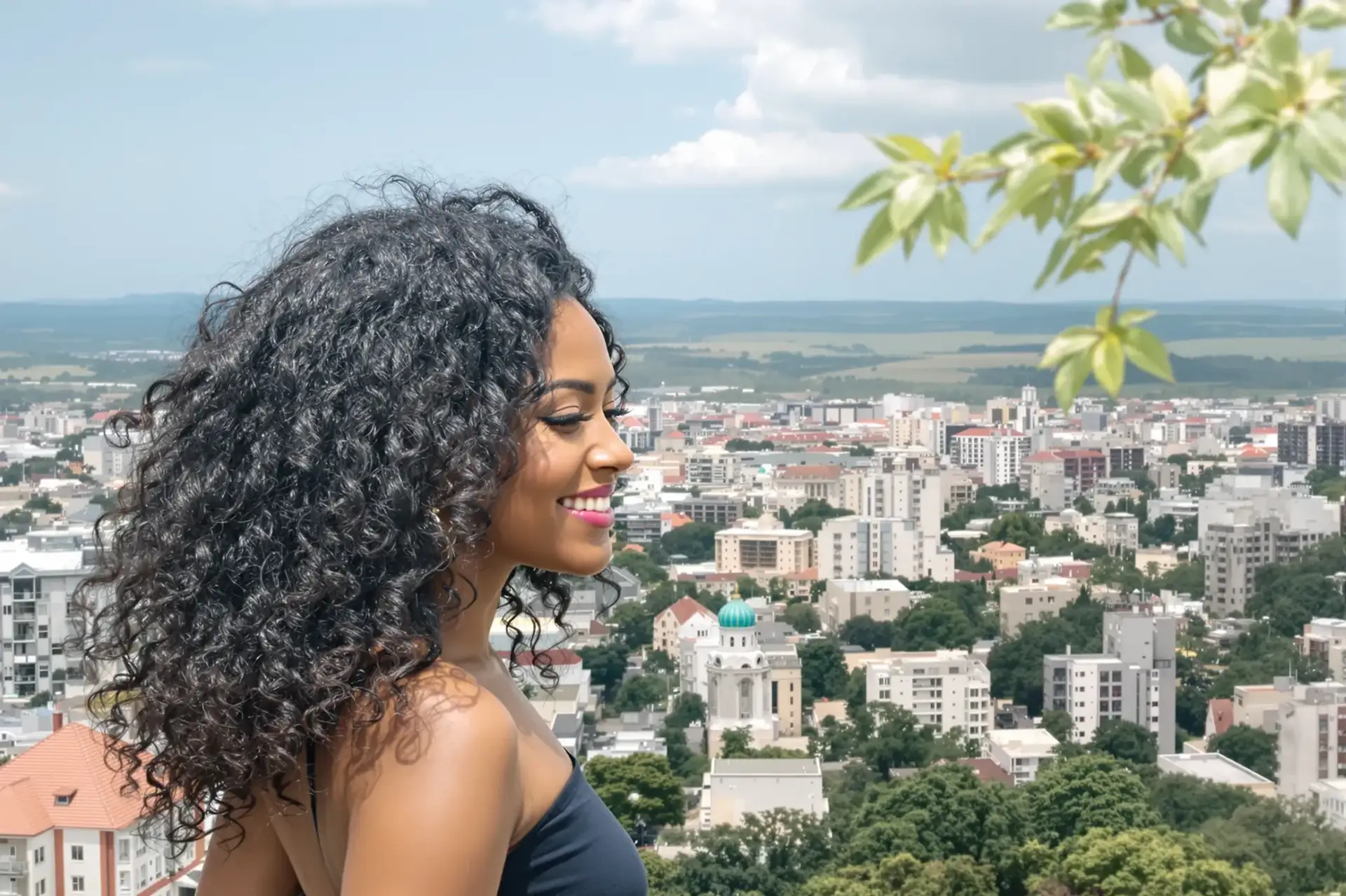 Woman with long dark curly hair photographed in profile outdoors, a city skyline blurred behind her.