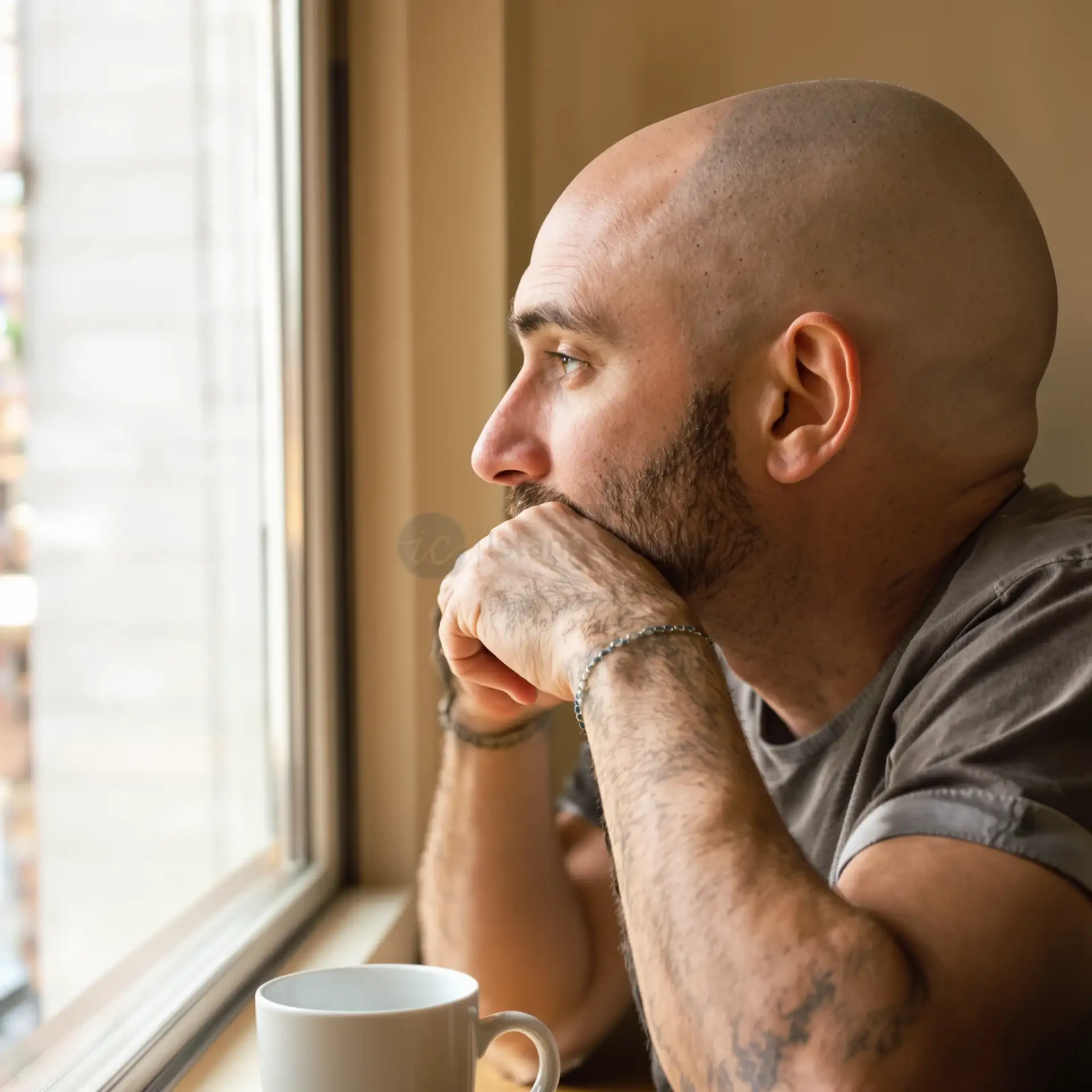 Uomo con alopecia totale a un tavolo da cucina.