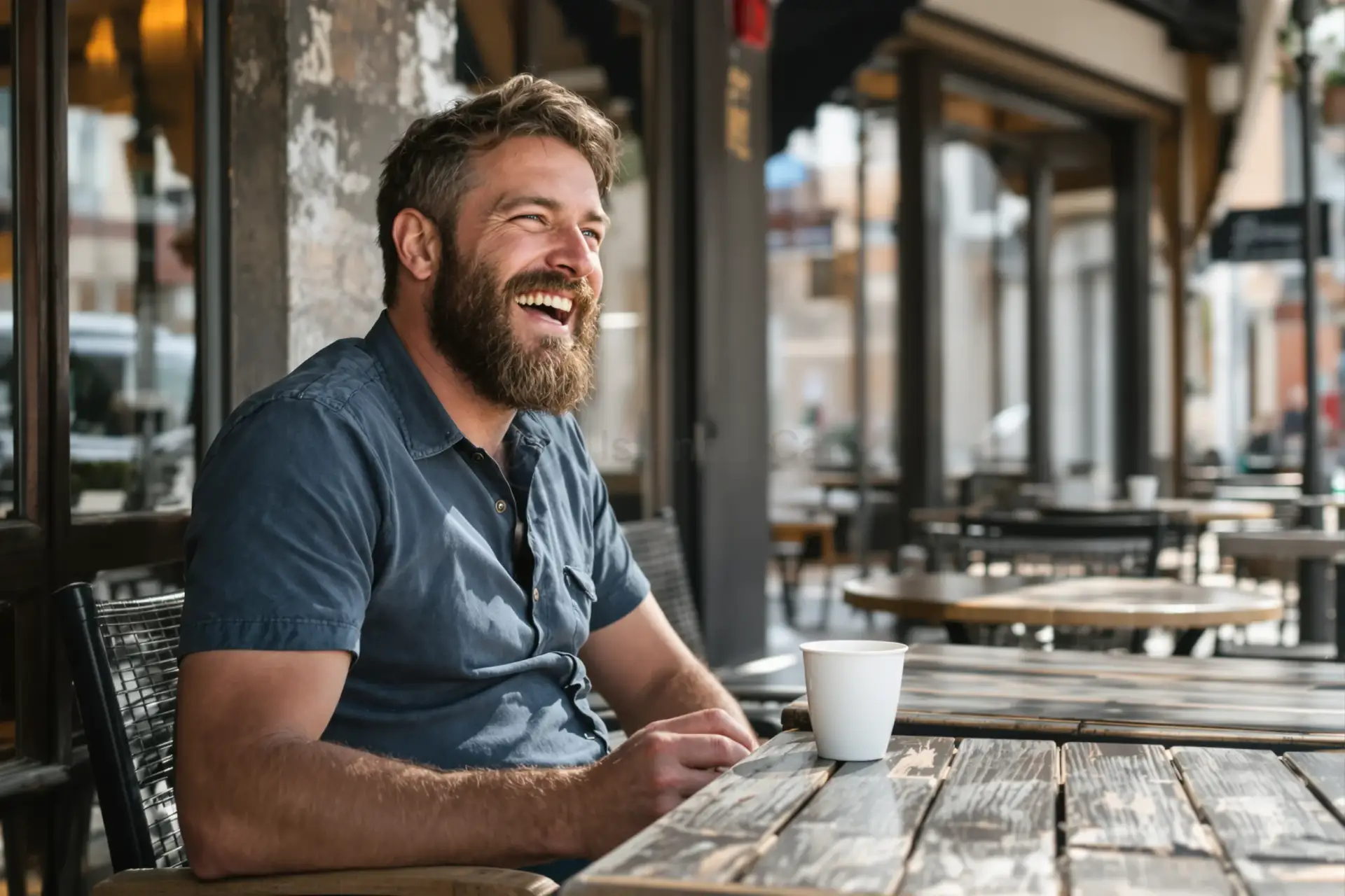 Uomo con barba folta che ride al tavolo di un caffè, con luce naturale all'aperto.