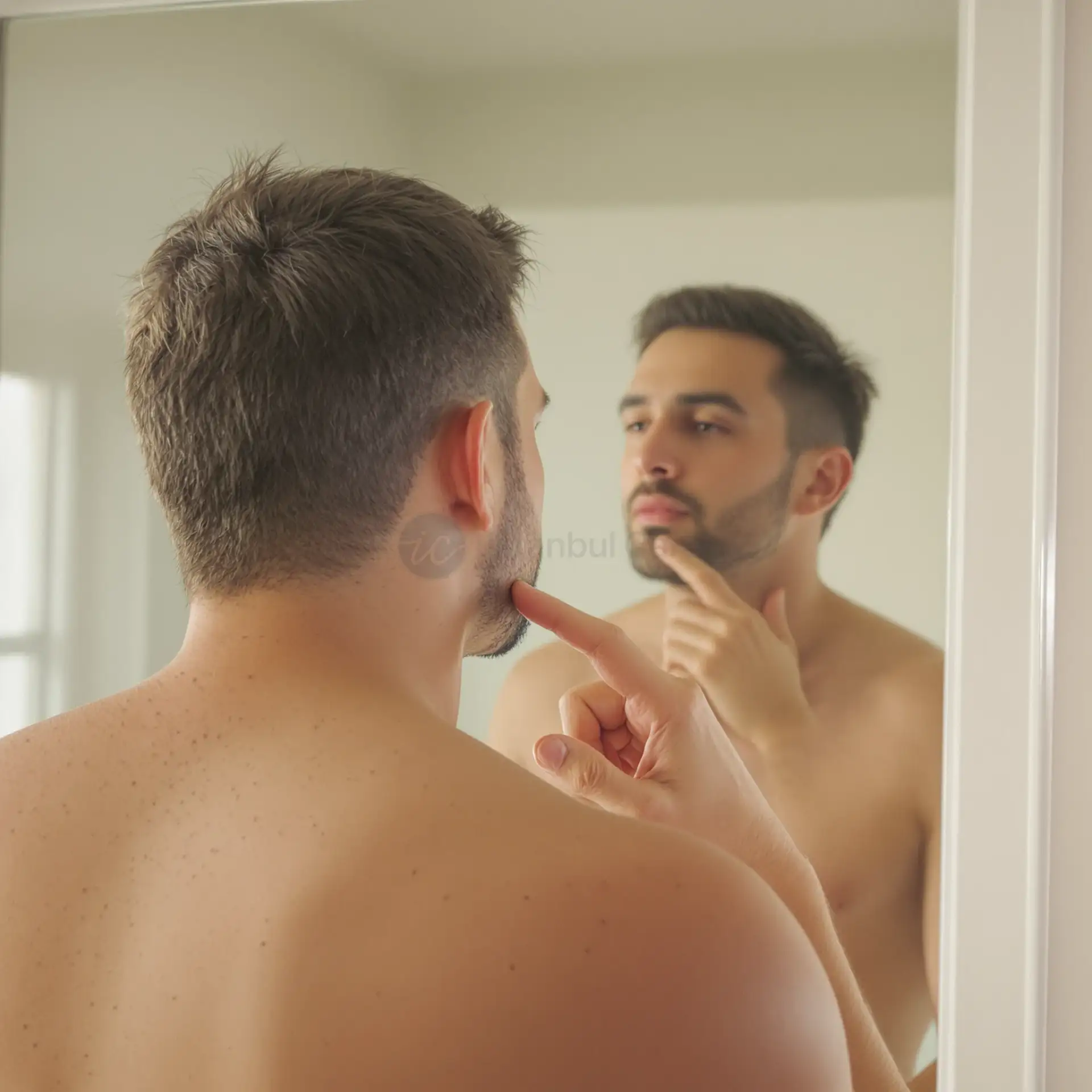 Homem a tocar na barba rala do queixo enquanto se olha no espelho da casa de banho.