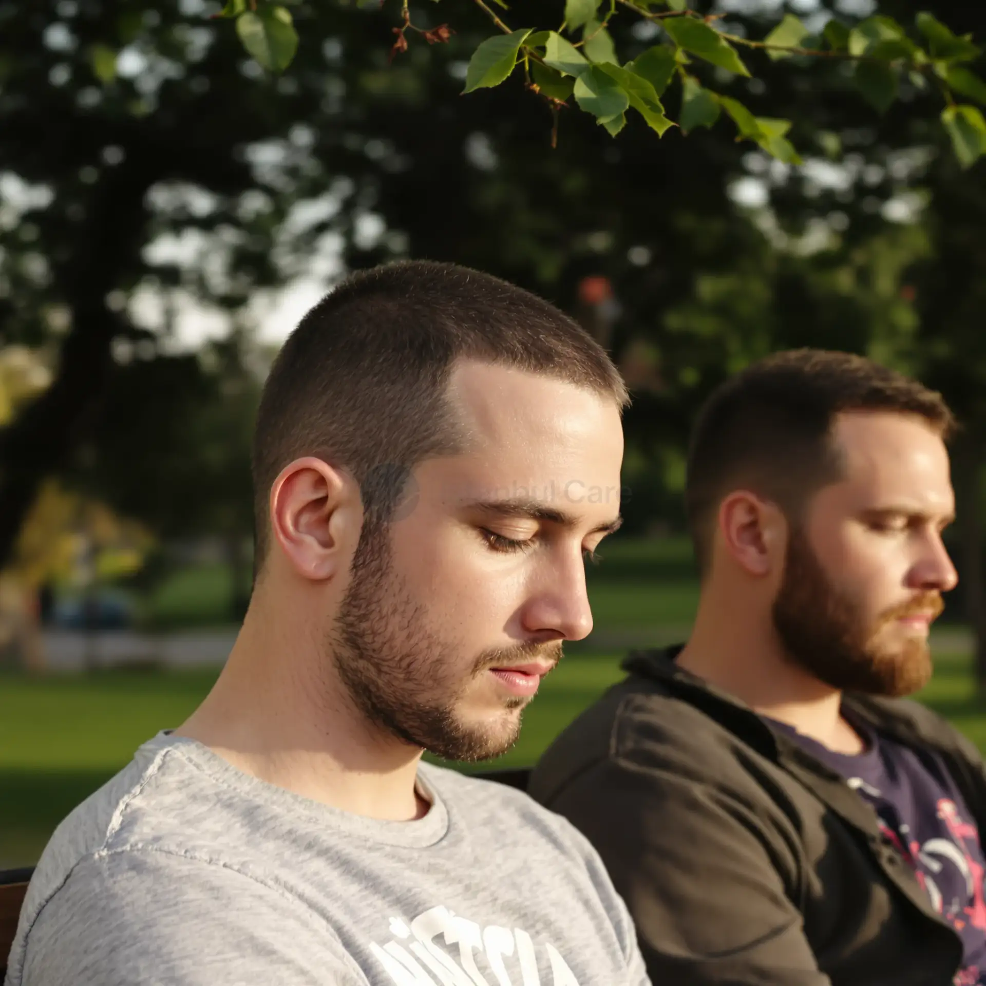 Giovane con barba rada seduto su una panchina del parco, accanto a un amico con barba folta.