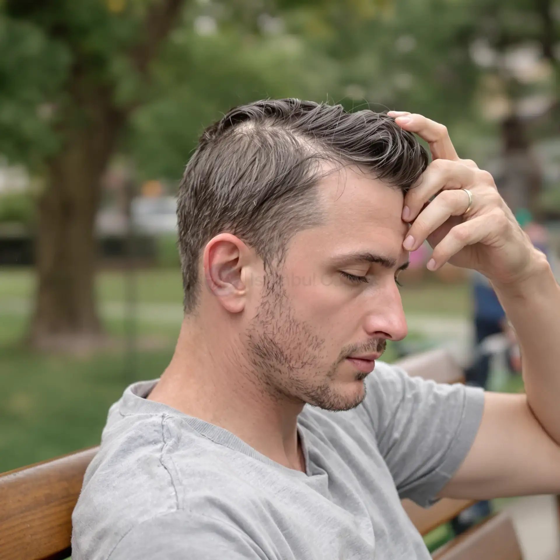 Primo piano del vortice sull'attaccatura dei capelli di un uomo.