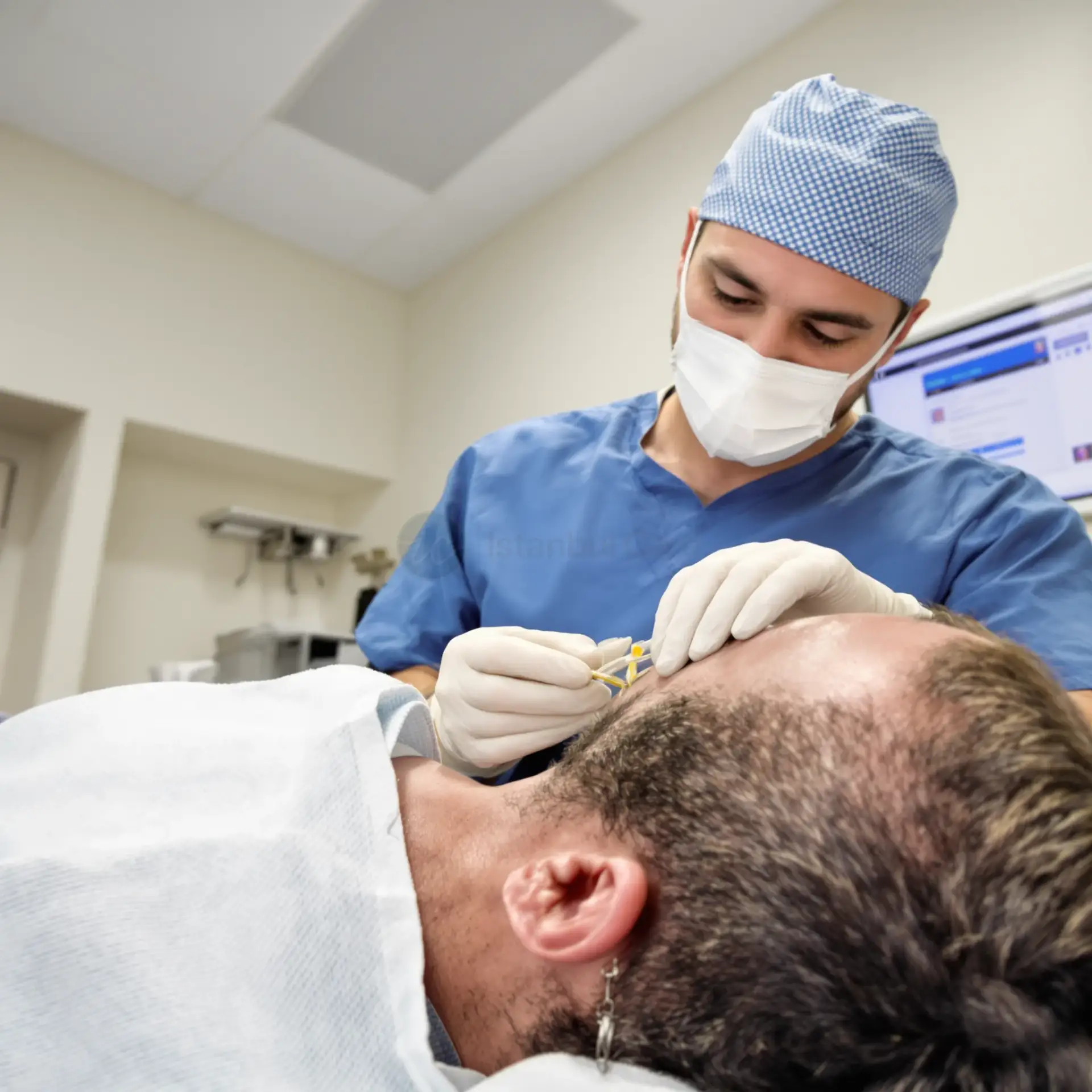 Medico che esegue l'estrazione di un trapianto di sopracciglia FUE su un paziente in clinica.