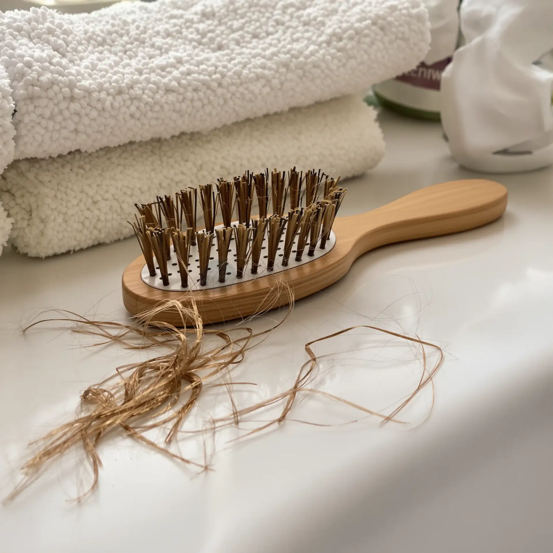 Spazzola con capelli caduti sul ripiano del bagno.