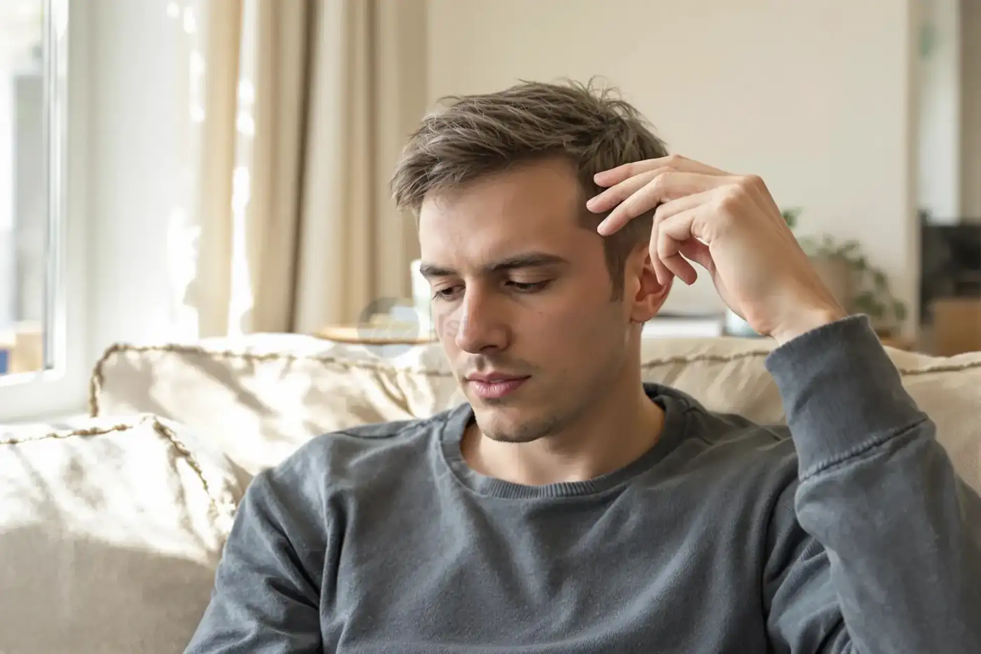 Man sitting on a sofa by a window, lifting his fringe with one hand to look at his front hairline.