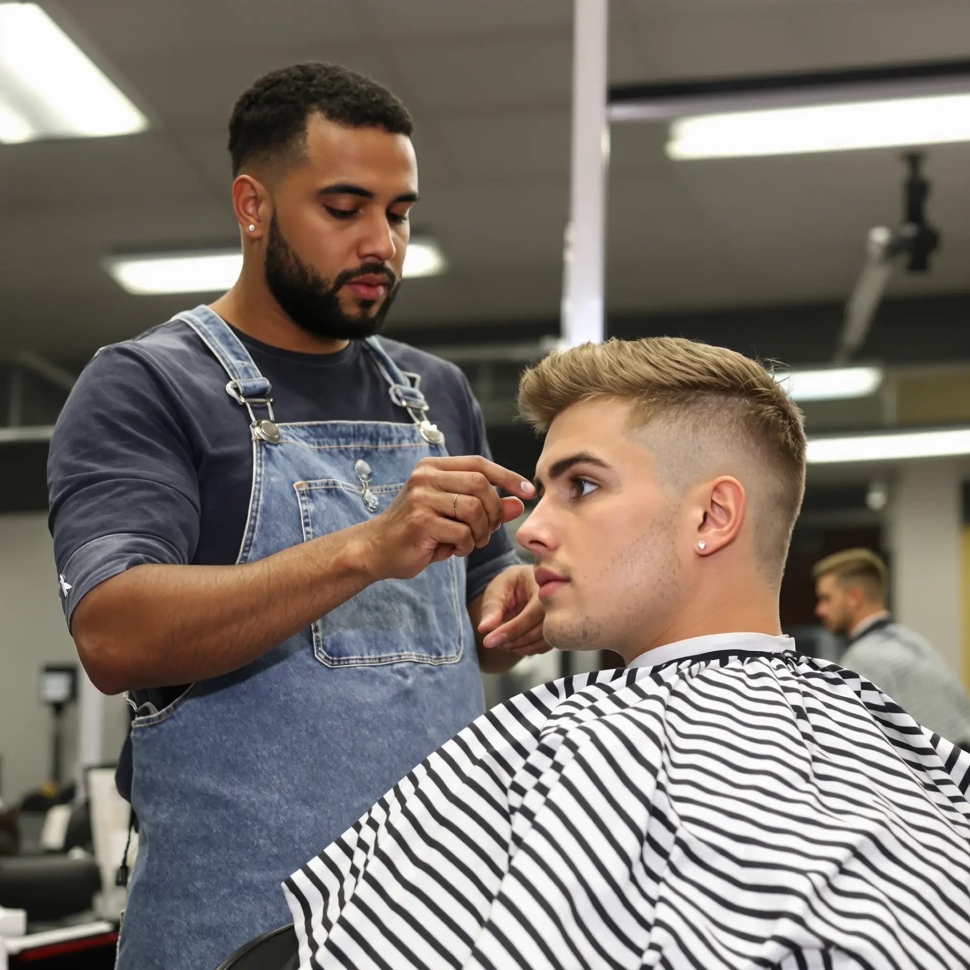Barbiere che indica l'attaccatura dei capelli del cliente durante il taglio.