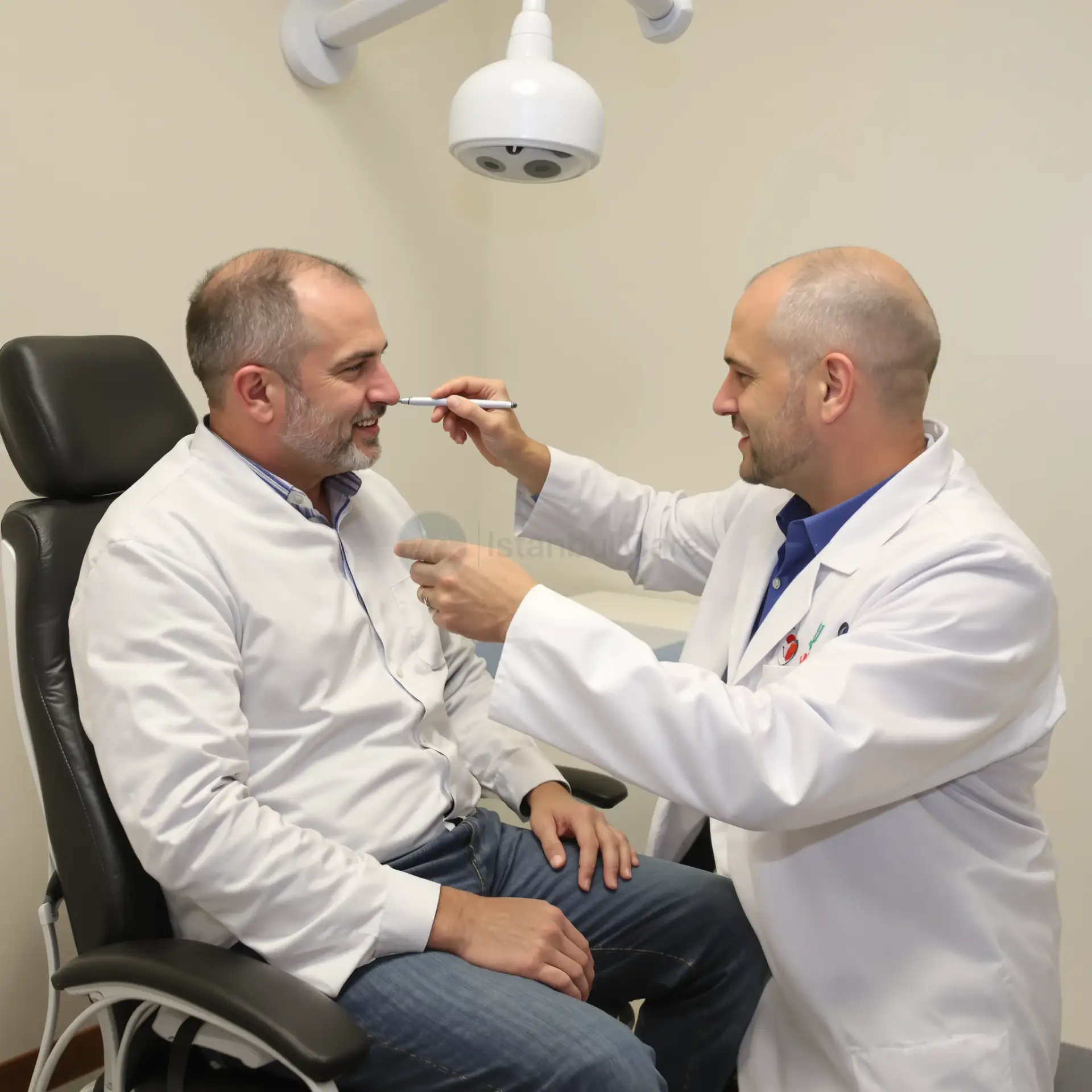 Medico che consiglia un uomo su un trapianto di capelli Norwood 5.
