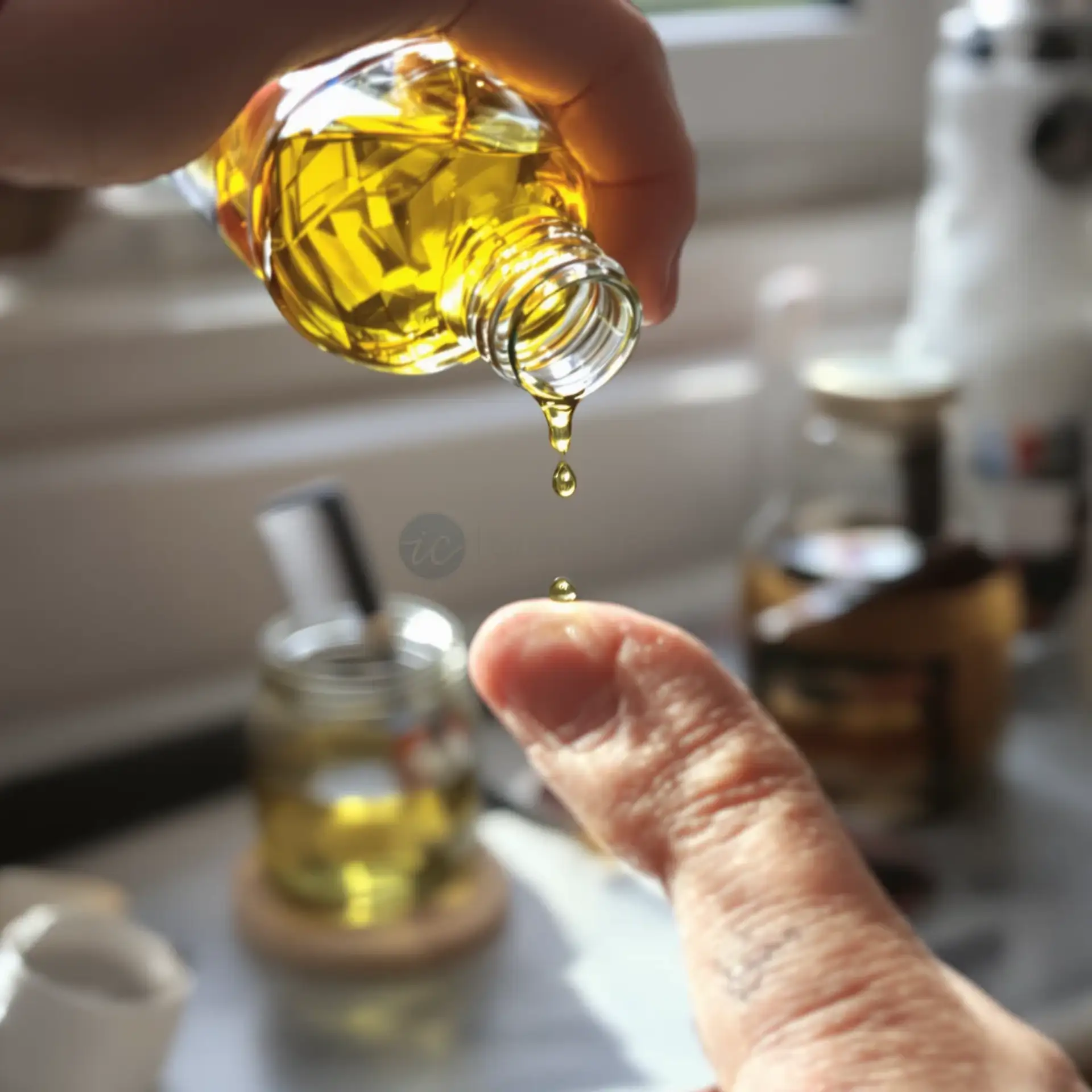 Olio d'oliva che cola da una bottiglia sul polpastrello, pronto per un trattamento di capelli e cuoio capelluto – Istanbul Care