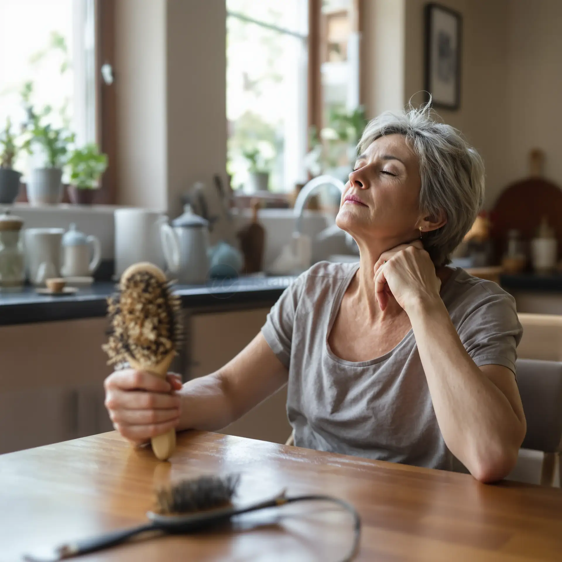 Donna che si tocca il collo (zona tiroidea) con una spazzola piena di capelli caduti, con espressione stanca in cucina.