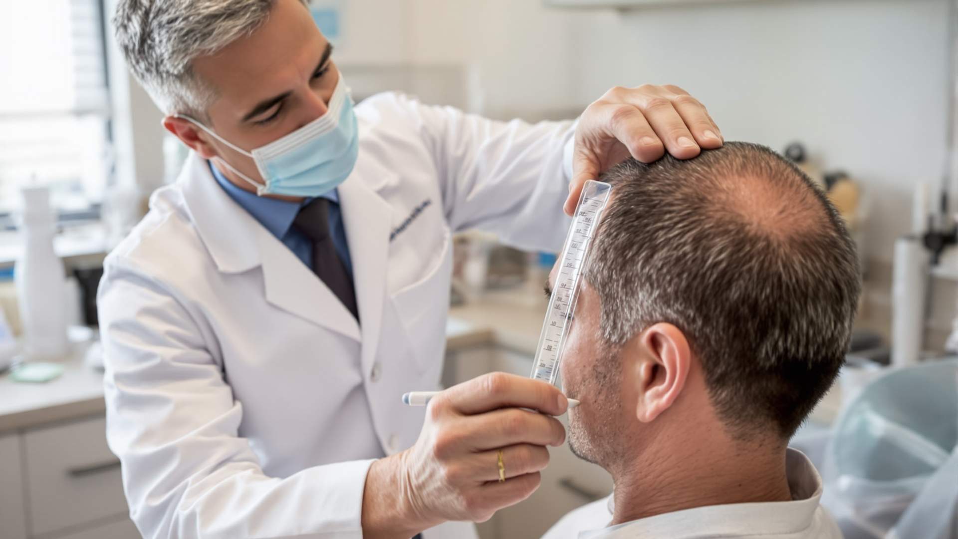 Doctor in a white coat measuring a middle-aged man's receding hairline with a clear ruler in a clinic, the graft assessment that determines hair transplant cost in Turkey