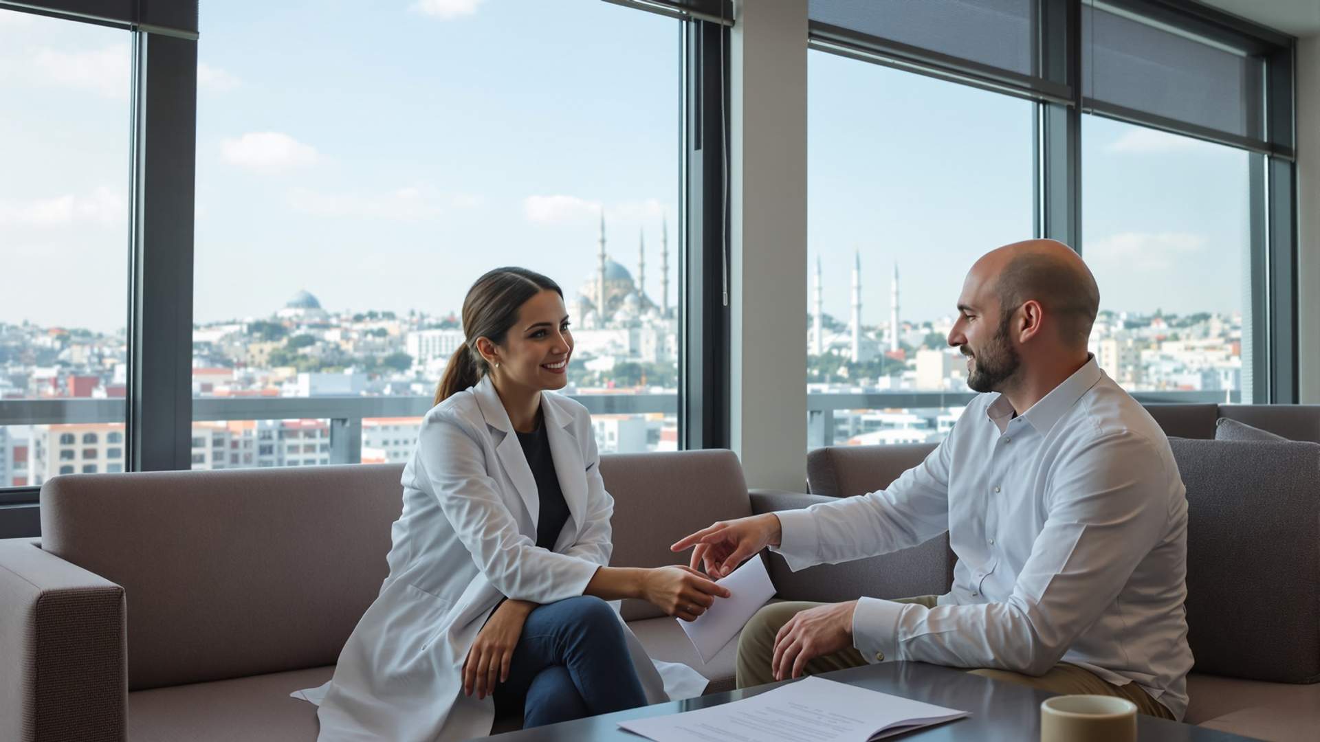 Clinician in a white coat handing treatment plan documents to a balding male patient on a sofa in an Istanbul clinic lounge, with the city's mosque skyline through the window