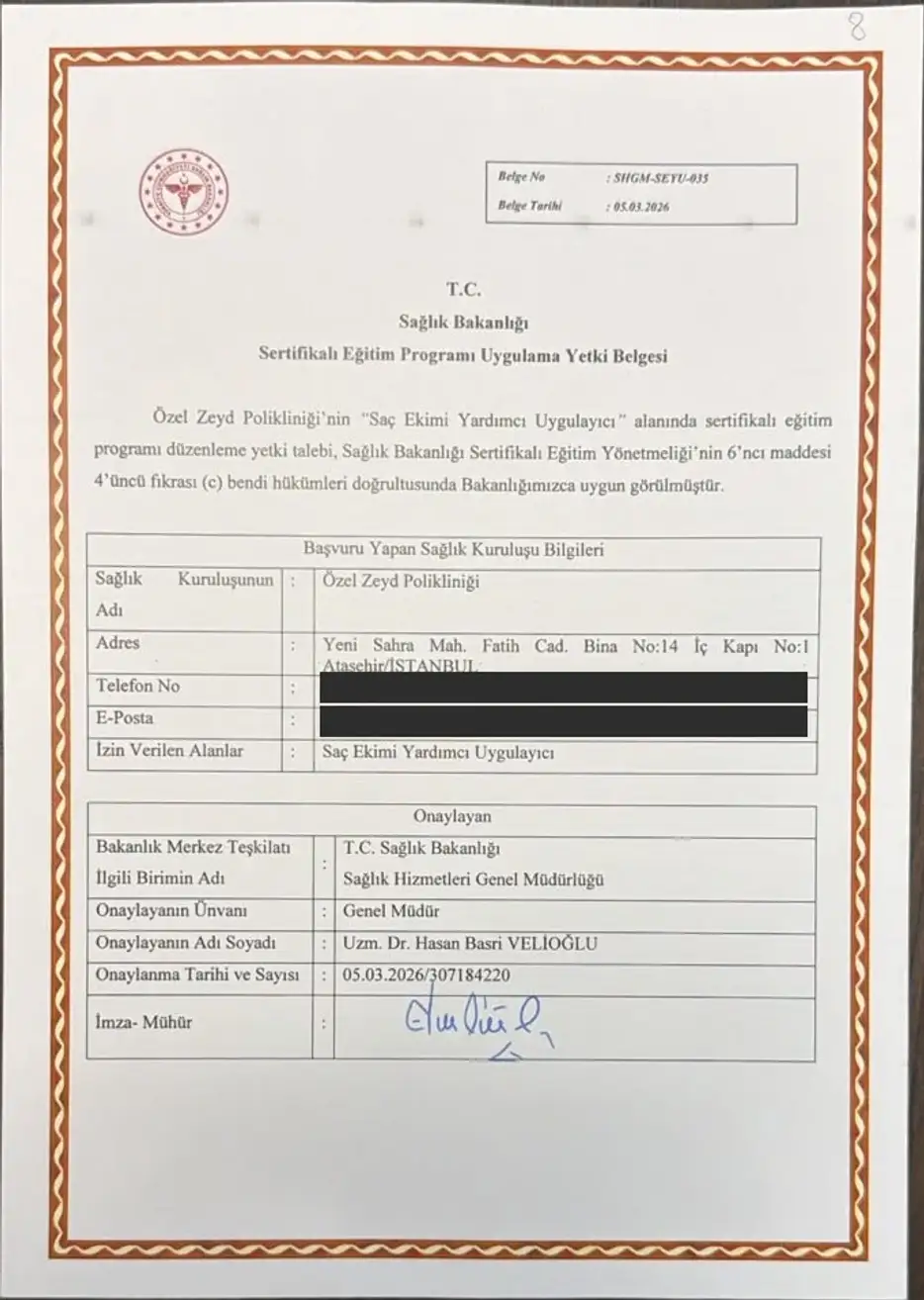 Certified Training Programme Authorization Certificate (Sertifikalı Eğitim Programı Uygulama Yetki Belgesi) no. SHGM-SEYU-035, dated 05.03.2026, issued by the Republic of Türkiye Ministry of Health, General Directorate of Health Services, to Özel Zeyd Polikliniği.