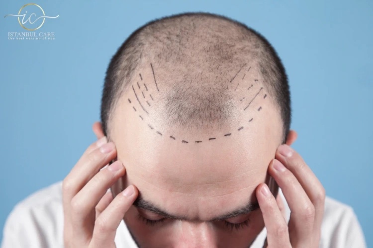 Hairline design marked in surgical pen on a patient’s scalp before a hair transplant.