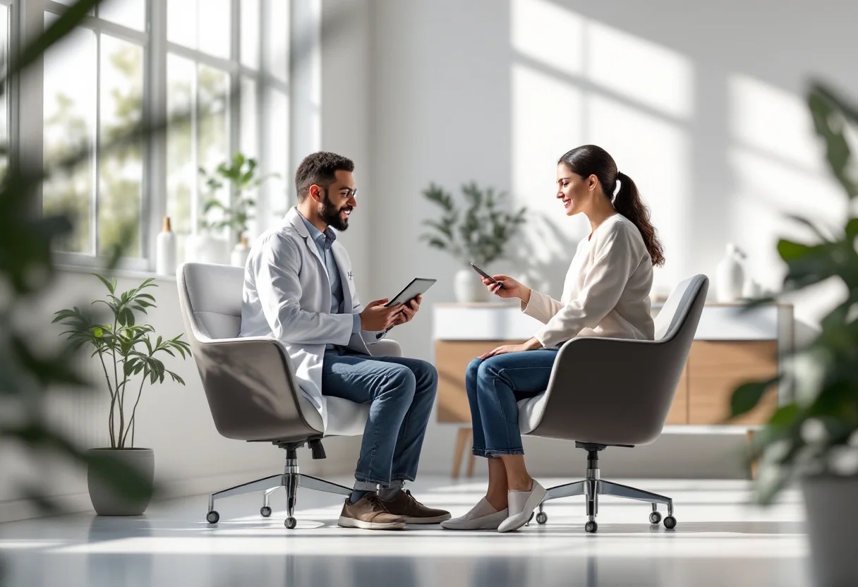 Clinician and patient seated facing each other in a bright consultation room, reviewing a treatment plan on tablets.
