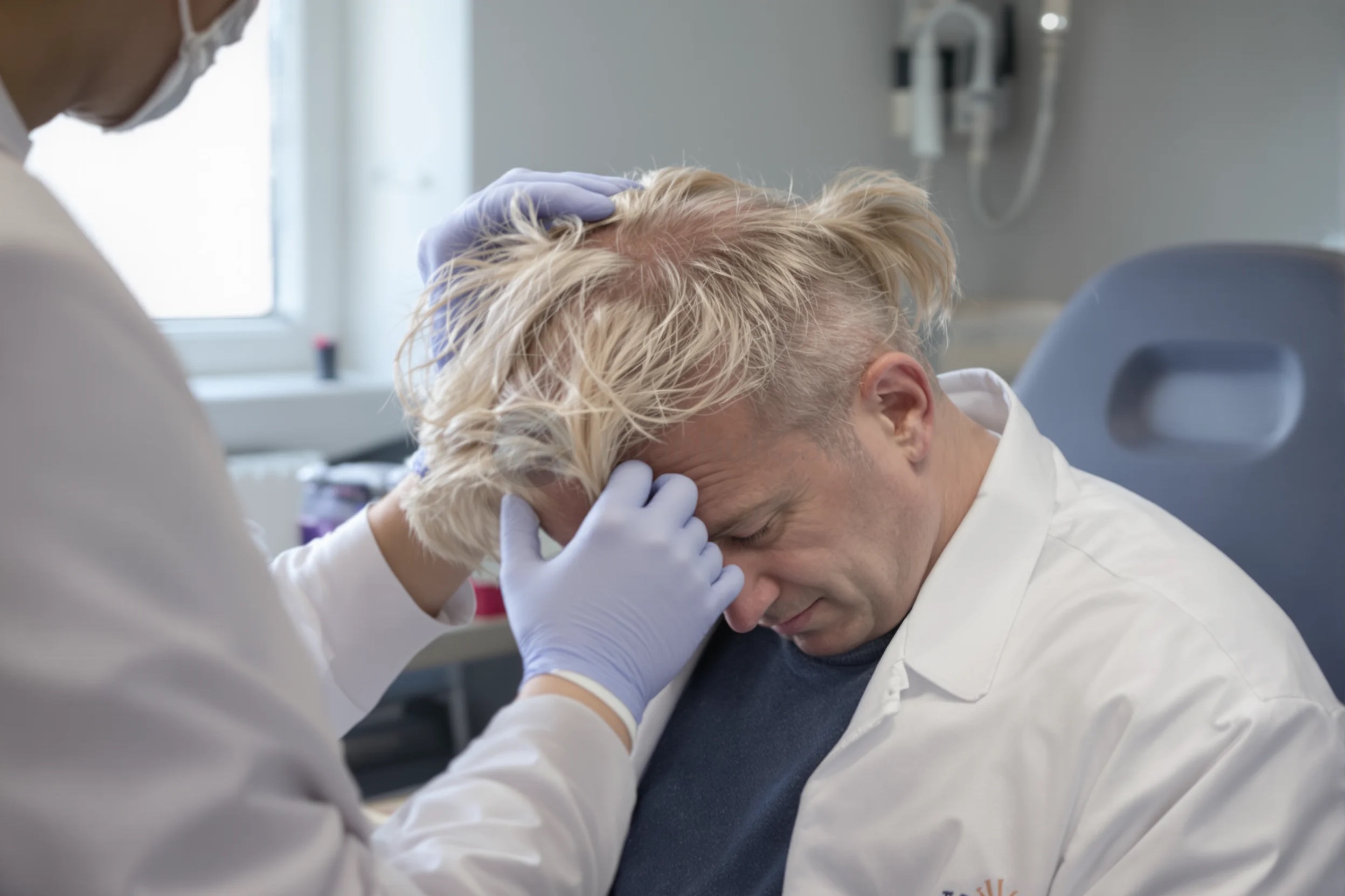 Clinician in gloves parting a patient’s hair to examine the donor area during assessment.