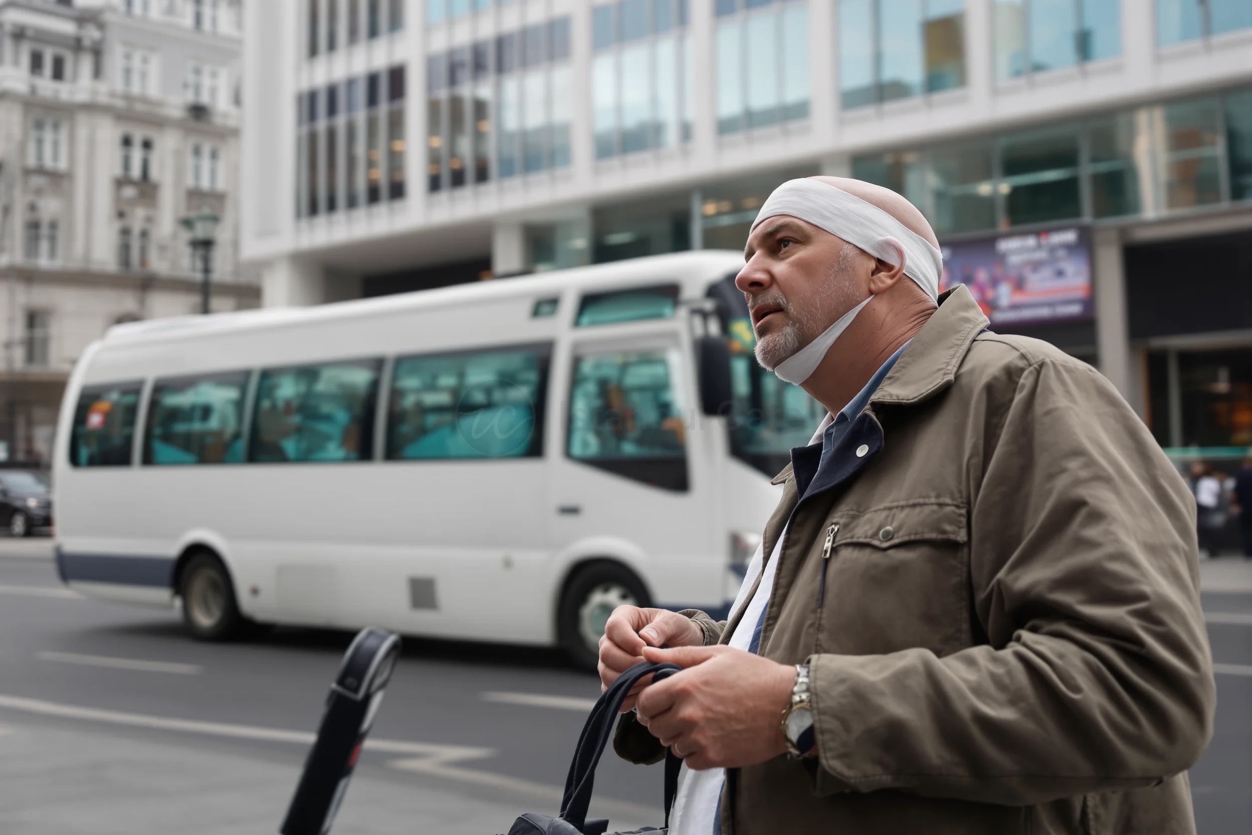 Man with a post-operative head dressing waiting on a city street beside a white shuttle bus.